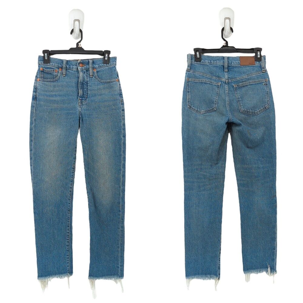 Madewell Women 24 Perfect Vintage Crop Jeans Blue High Rise Denim Raw Frayed Hem
